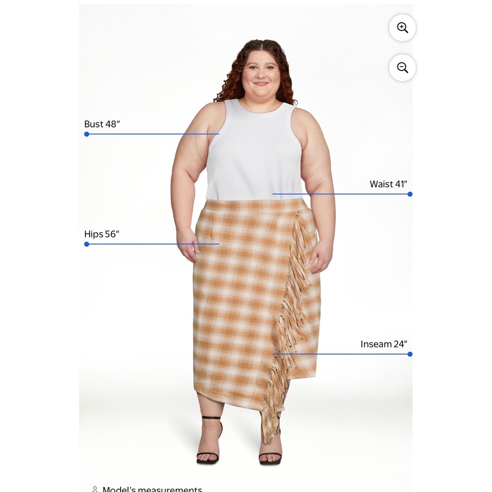 Time and Tru Plaid Fringe‎ Asymmetrical Midi Skirt Women's XXL 20 Tan White